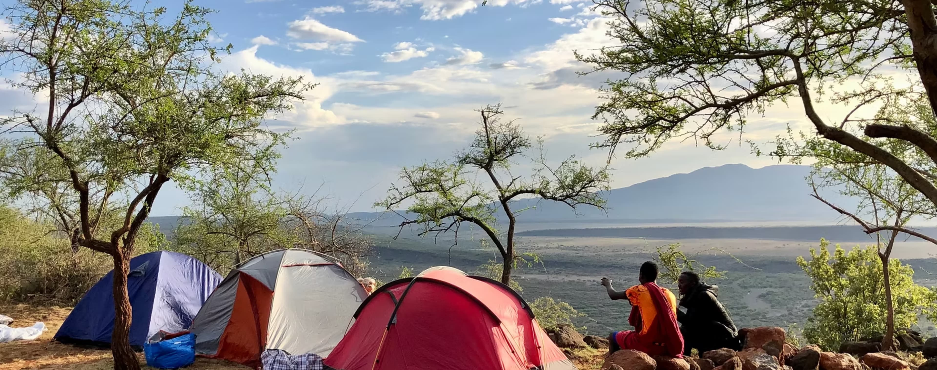 Tents pitched on the rim of Mount Suswa overlooking the Rift Valley